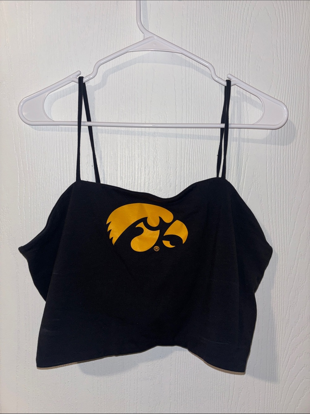 Black Women's Spaghetti Strap Crop Top with Gold Logo